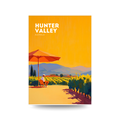Poster of Hunter Valley, Australia with a scenic vineyard and orange umbrella.