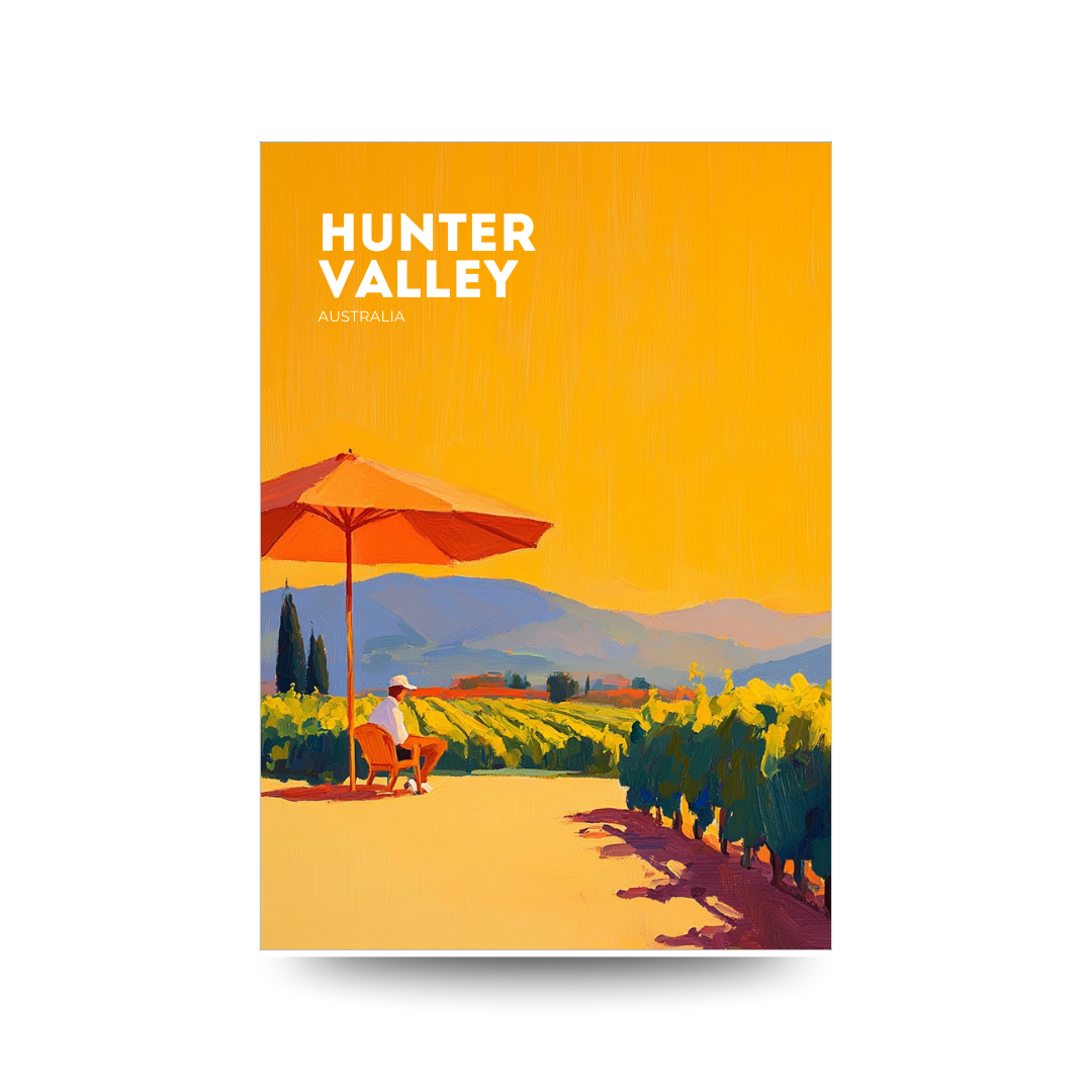 Poster of Hunter Valley, Australia with a scenic vineyard and orange umbrella.
