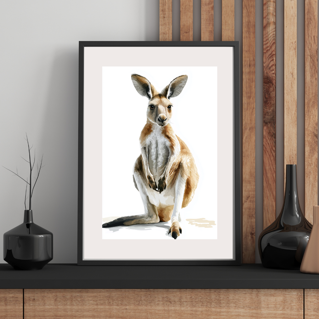 Poster of a watercolour kangaroo on a white background framed on a table.